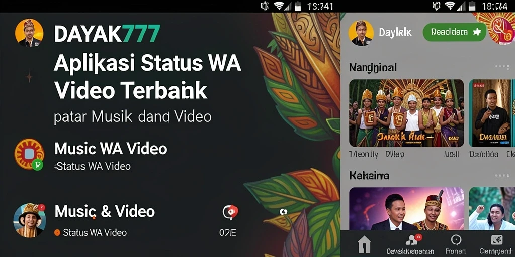 Tampilan utama aplikasi DAYAK777 dengan berbagai pilihan video Status WA.