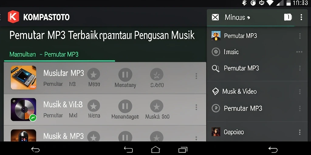Antarmuka pengguna KOMPASTOTO saat memutar MP3 dengan mudah dan menarik.